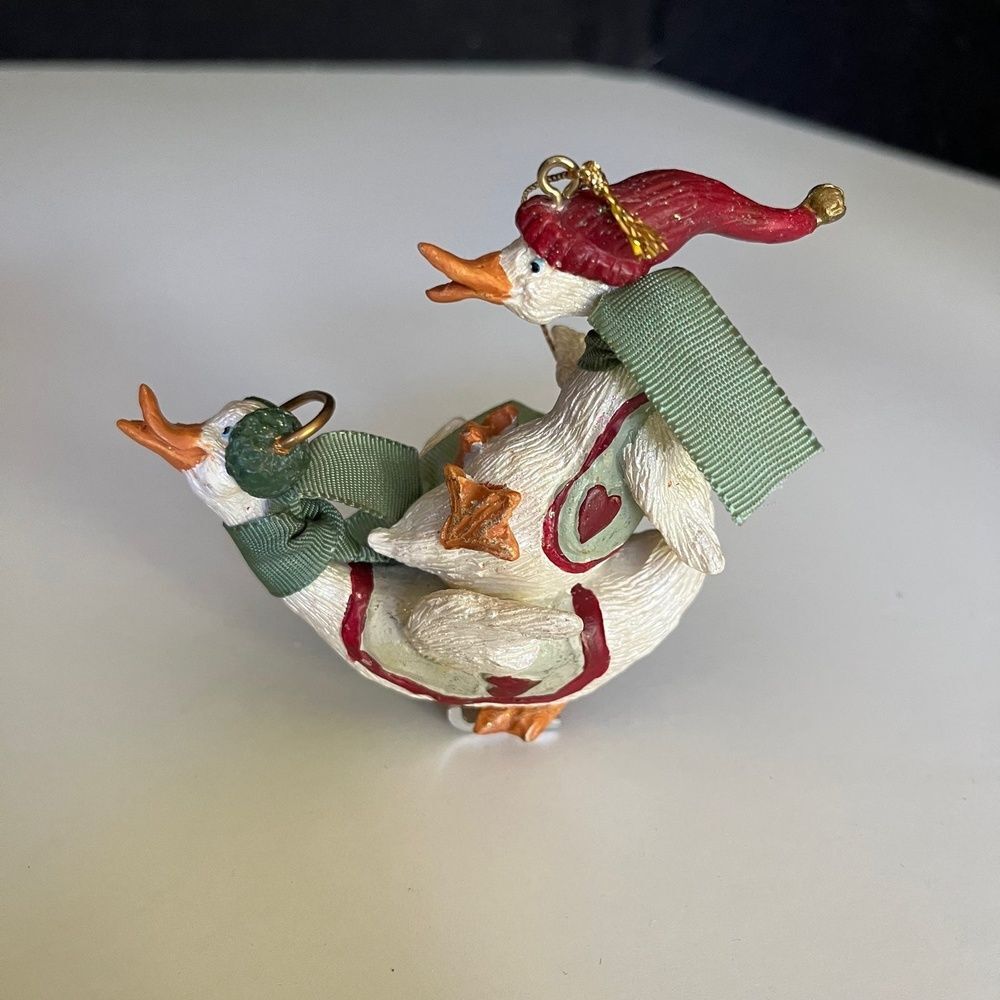 SKATING GEESE In Hats & Scarves Christmas Ornaments green red white - 1 ornament